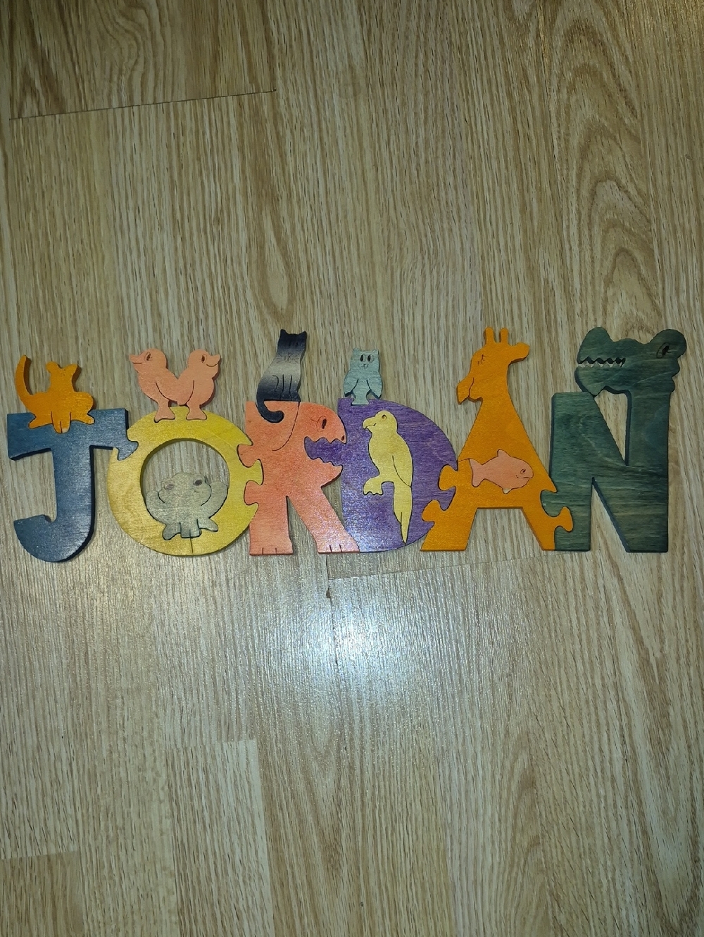 Kids Wooden Name Puzzle Sign - JORDAN - Colorful Animal Letters